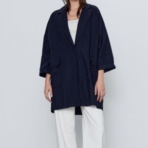 Zara Linen Blend Blazer Oversized Drop Shoulder Collared One Button Navy Size XS